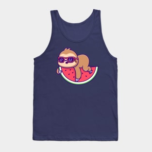 Cute Sloth Laying On Watermelon With Glasses Cartoon Tank Top